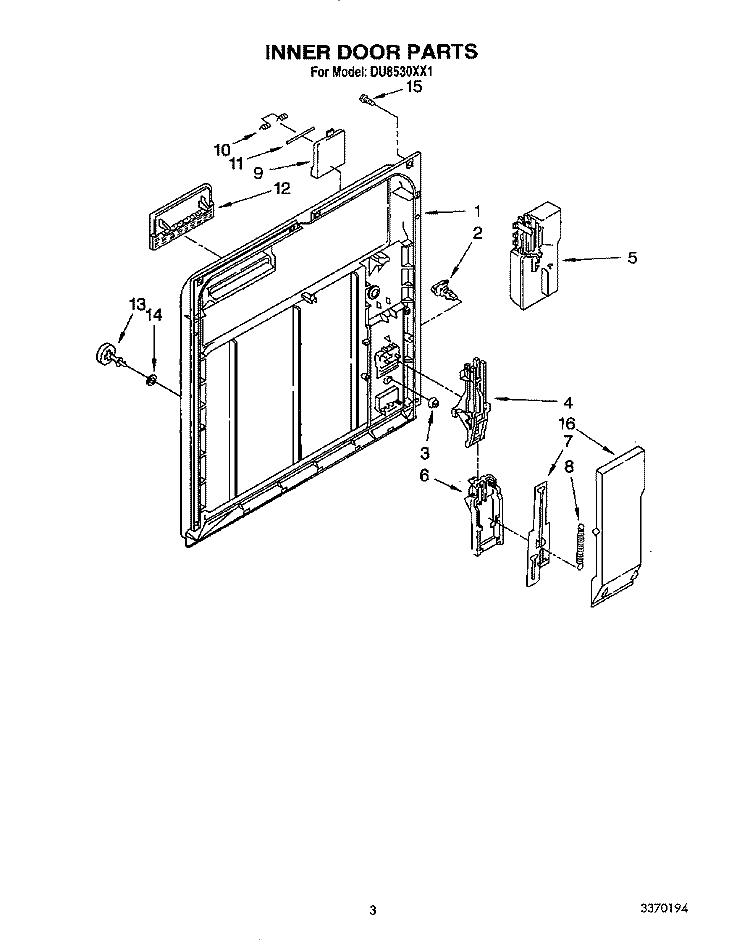 INNER DOOR Diagram and Parts List for DU8530XX1  Whirlpool Dishwasher