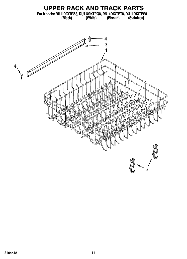 UPPER RACK AND TRACK PARTS Diagram and Parts List for DU1100XTPB8  Whirlpool Dishwasher