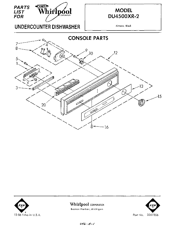 CONSOLE Diagram and Parts List for DU4500XR2  Whirlpool Dishwasher