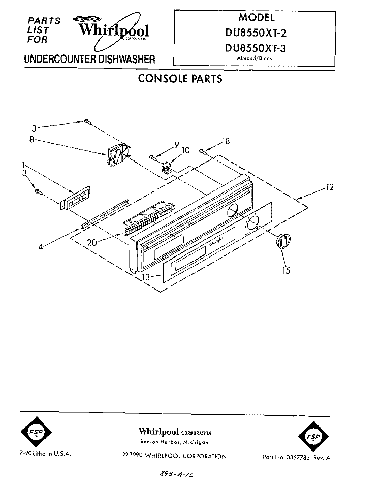 CONSOLE Diagram and Parts List for DU8550XT3  Whirlpool Dishwasher