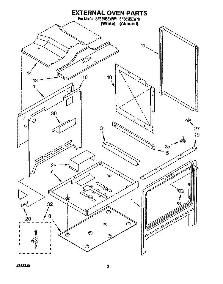 EXTERNAL OVEN Diagram and Parts List for SF365BEWN1  Whirlpool Range