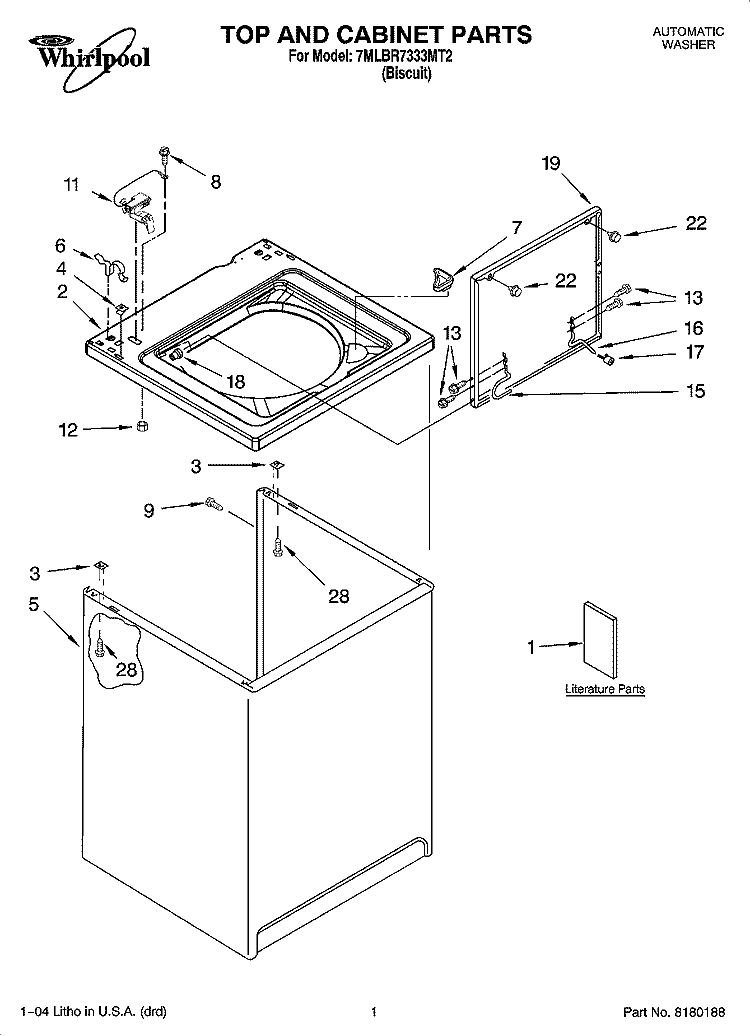 TOP AND CABINET PARTS Diagram and Parts List for 7MLBR7333MT2  Whirlpool Washer