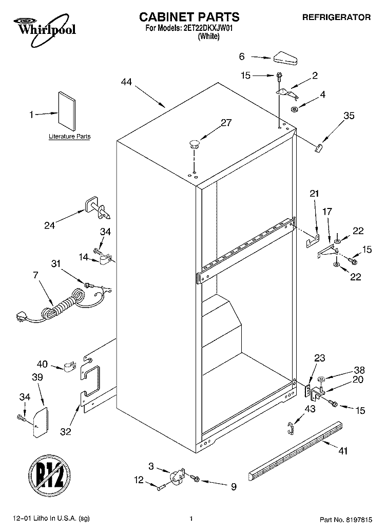 CABINET, LITERATURE Diagram and Parts List for 2ET22DKXJW01  Whirlpool Refrigerator