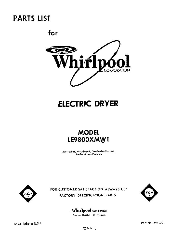 SECTION Diagram and Parts List for LE9800XMW1  Whirlpool Dryer