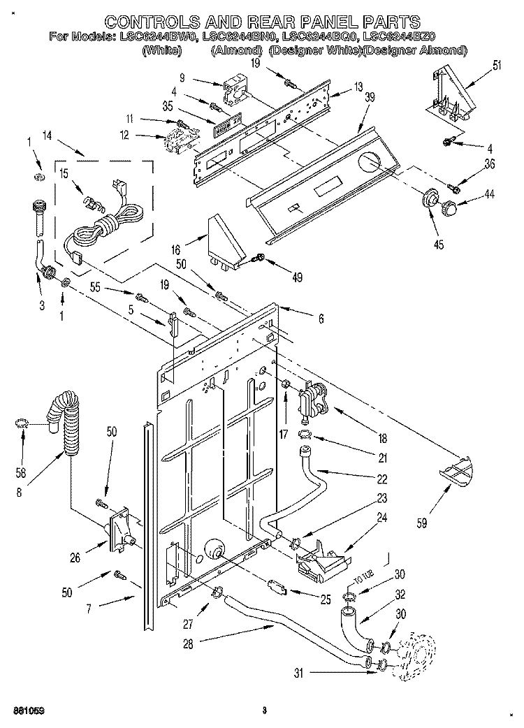 CONTROL AND REAR PANEL Diagram and Parts List for LSC6244BQ0  Whirlpool Washer