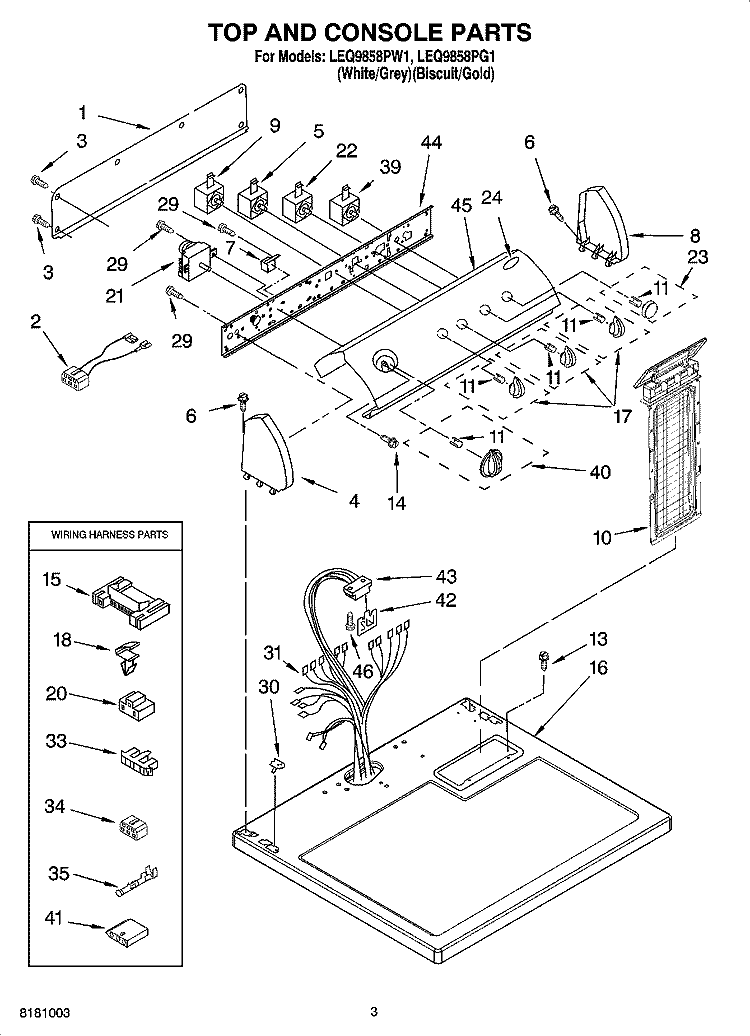 TOP AND CONSOLE PARTS Diagram and Parts List for LEQ9858PW1  Whirlpool Dryer