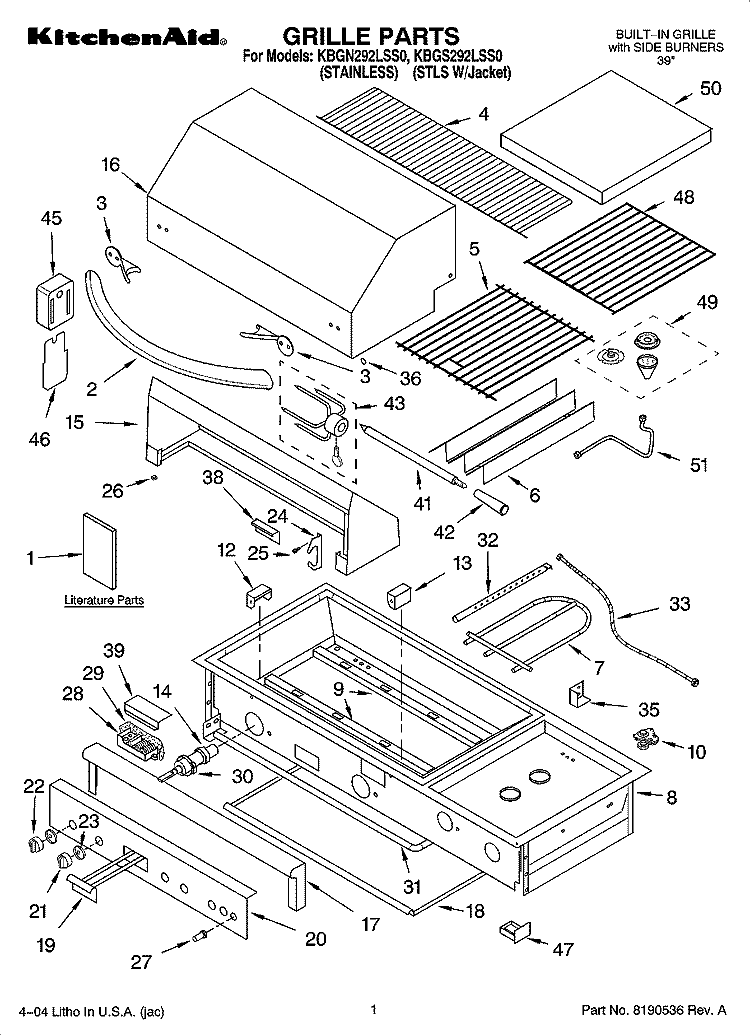 GRILLE PARTS Diagram and Parts List for KBGN292LSS0  KitchenAid Grill