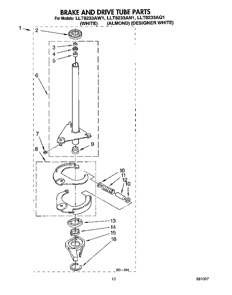 BRAKE AND DRIVE TUBE Diagram and Parts List for LLT8233AQ1  Whirlpool Washer