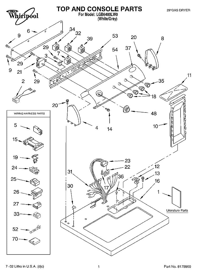TOP AND CONSOLE, LITERATURE Diagram and Parts List for LGB64000LW0  Whirlpool Dryer