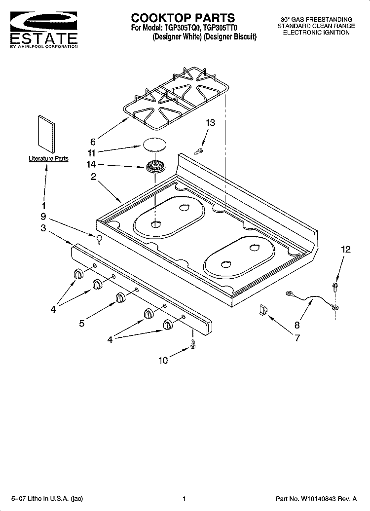 COOKTOP PARTS Diagram and Parts List for TGP305TT0  Estate Range
