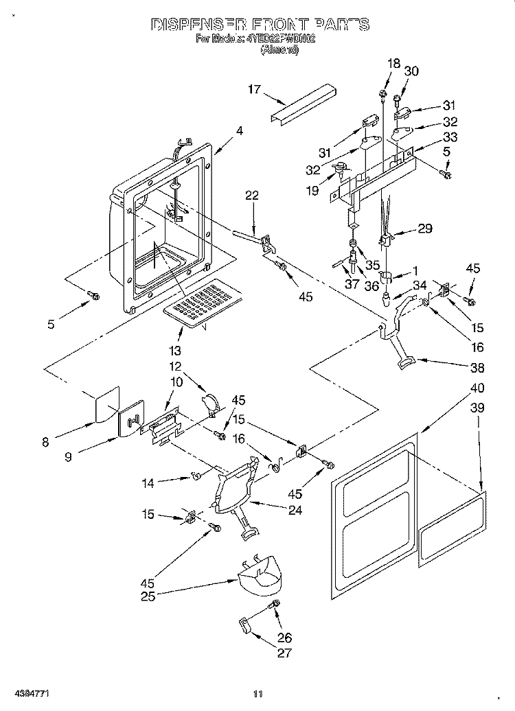 DISPENSER FRONT Diagram and Parts List for 4YED22PWDN02  Whirlpool Refrigerator