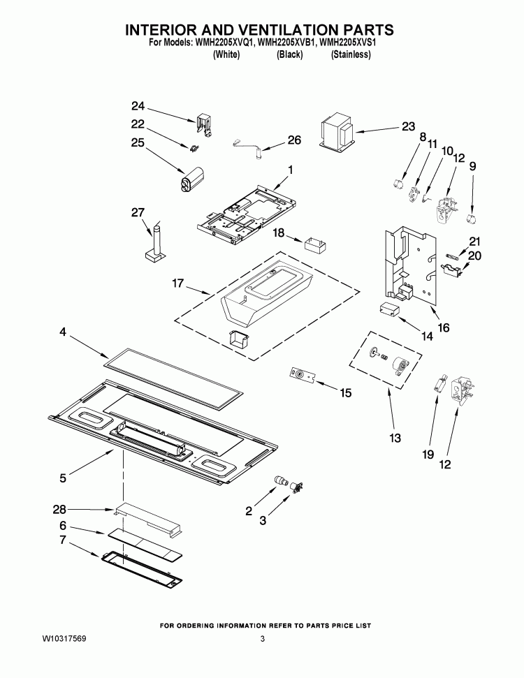 INTERIOR AND VENTILATION PARTS Diagram and Parts List for WMH2205XVS1  Whirlpool Microwave
