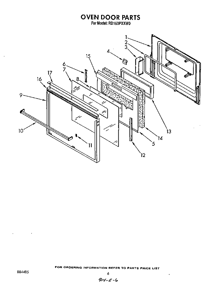 OVEN DOOR Diagram and Parts List for RB160PXXW0  Whirlpool Range