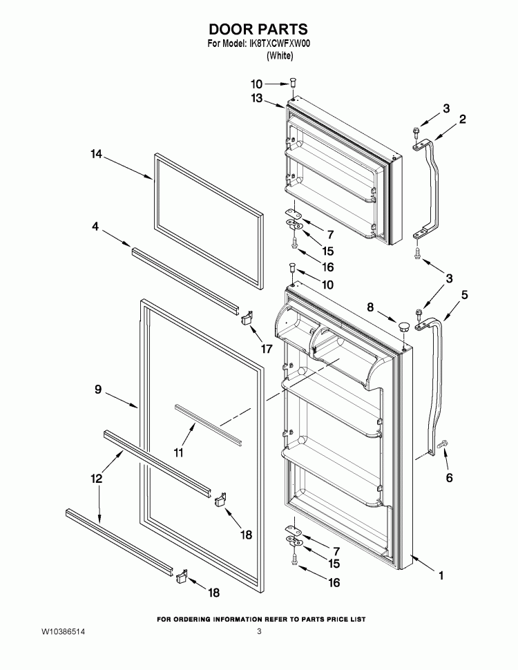 DOOR PARTS Diagram and Parts List for IK8TXCWFXW00  Whirlpool Refrigerator