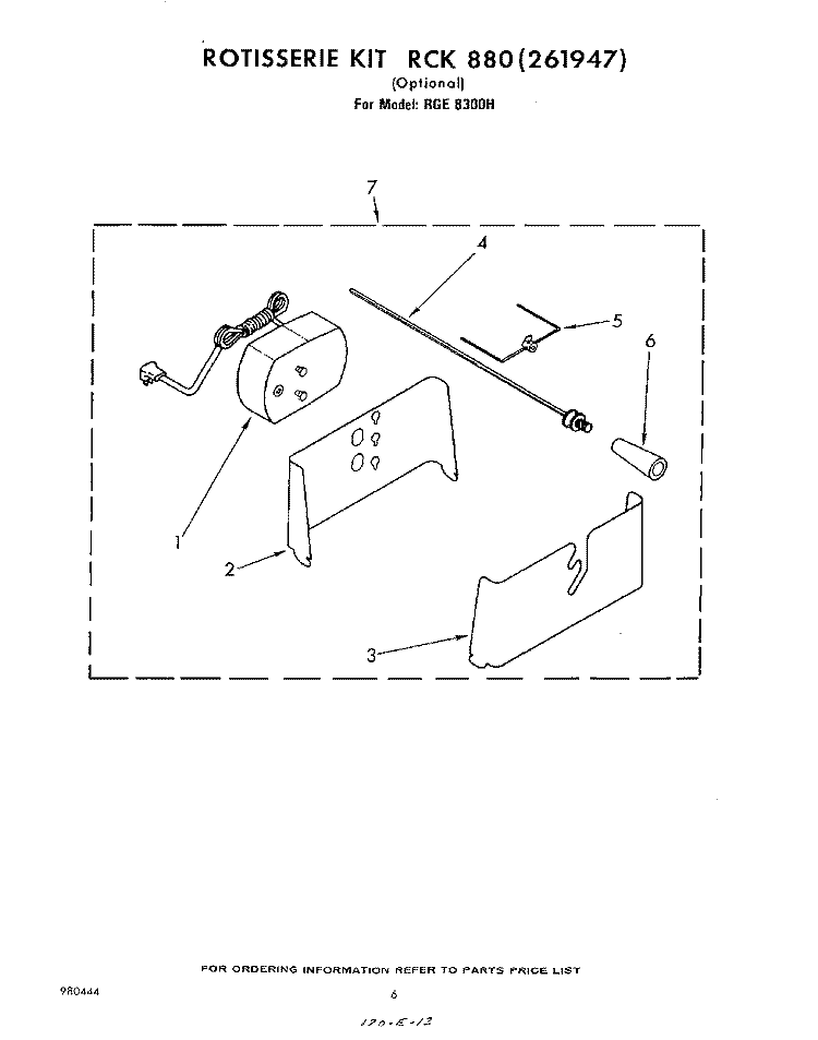 ROTISSERIE RCK880(261947) Diagram and Parts List for RGE8300H  Whirlpool Range