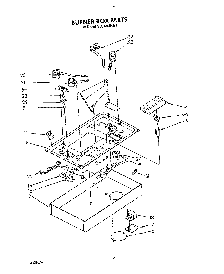 BURNER BOX Diagram and Parts List for SC8436EXW0  Whirlpool Cooktop