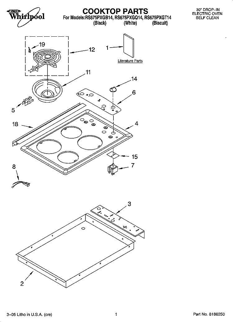 COOKTOP PARTS Diagram and Parts List for RS675PXGB14  Whirlpool Range