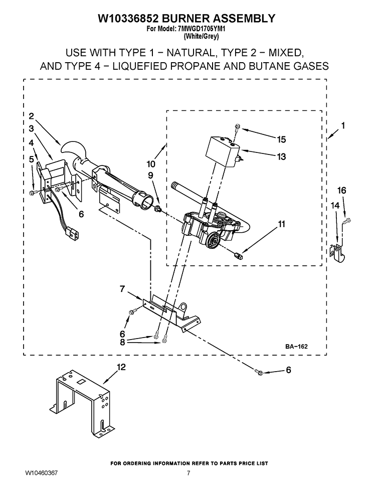 W10336852 BURNER ASSEMBLY Diagram and Parts List for 7MWGD1705YM1  Whirlpool Dryer