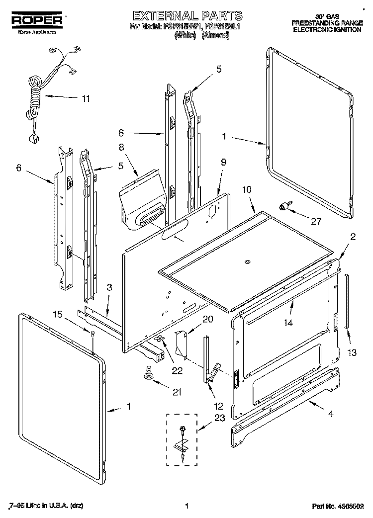 EXTERNAL Diagram and Parts List for FGP315BW1  Roper Range