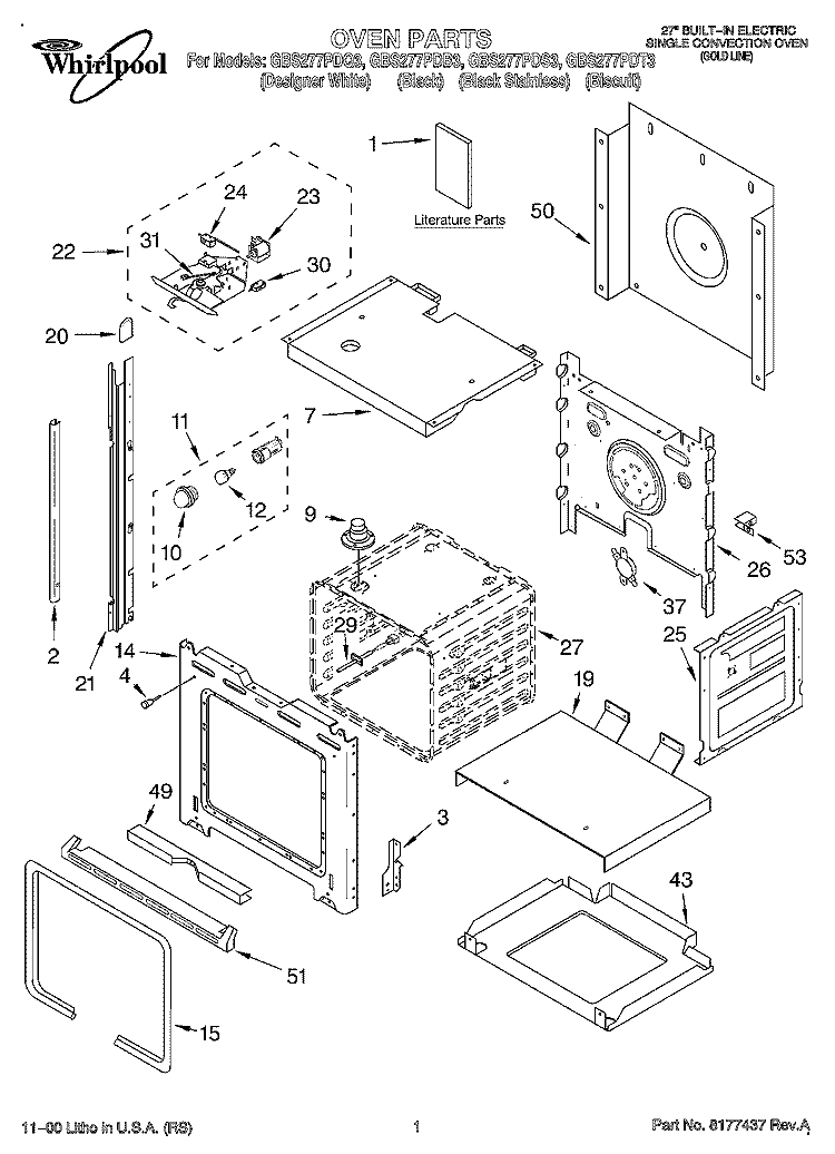 OVEN, LITERATURE Diagram and Parts List for GBS277PDB3  Whirlpool Wall Oven