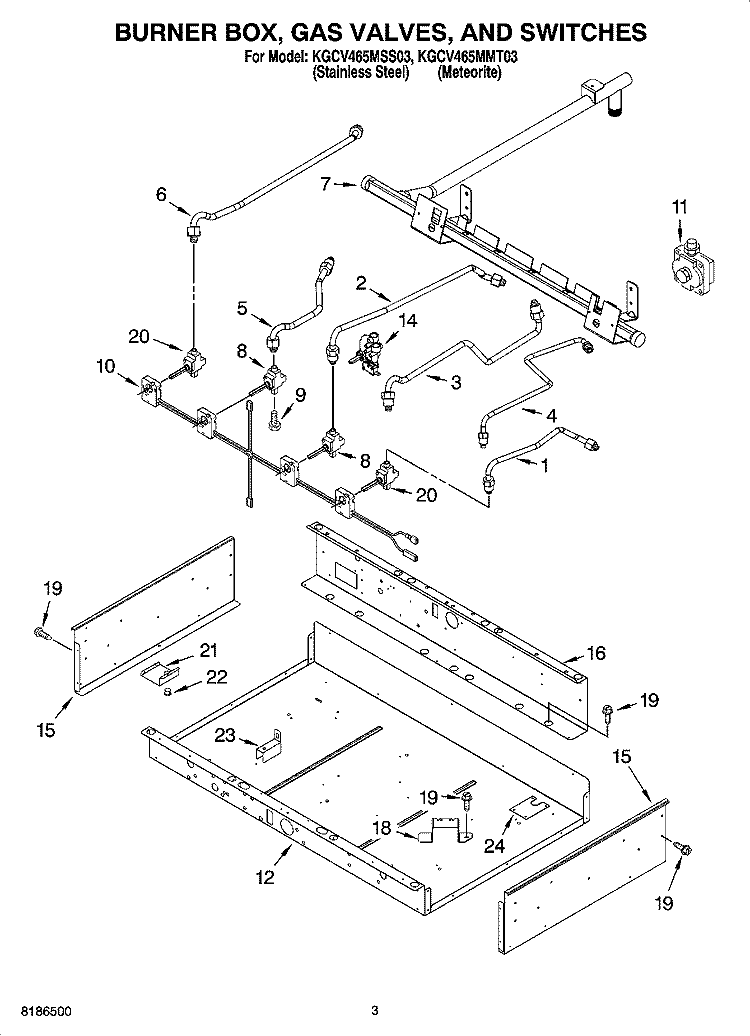 BURNER BOX, GAS VALVES, AND SWITCHES Diagram and Parts List for KGCV465MMT03  KitchenAid Cooktop