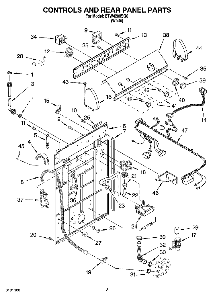 CONTROLS AND REAR PANEL PARTS Diagram and Parts List for ETW4200SQ0  Estate Washer