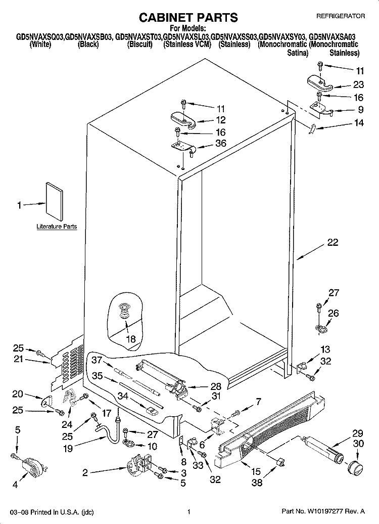 CABINET PARTS Diagram and Parts List for GD5NVAXSB03  Whirlpool Refrigerator