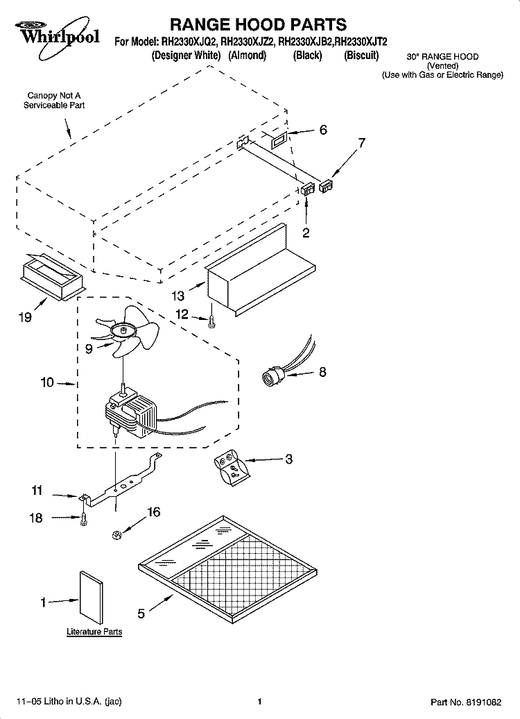 RANGE HOOD PARTS Diagram and Parts List for RH2330XJZ2  Whirlpool Range Hood