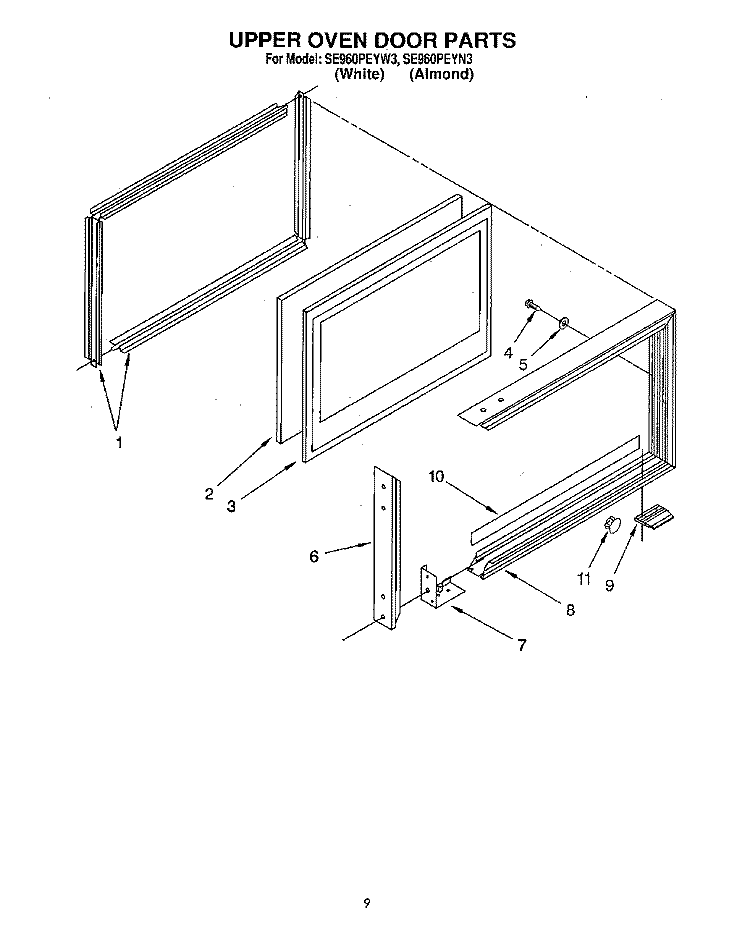UPPER OVEN DOOR Diagram and Parts List for SE960PEYN3  Whirlpool Range