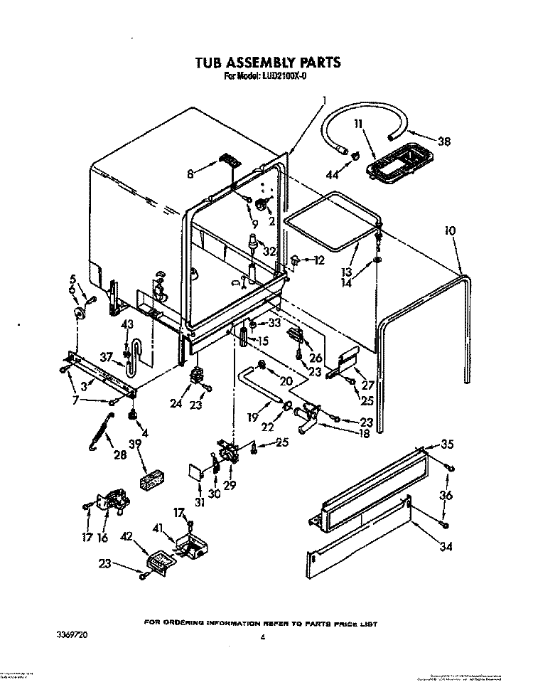 TUB ASSEMBLY Diagram and Parts List for LUD2100X0  Whirlpool Dishwasher