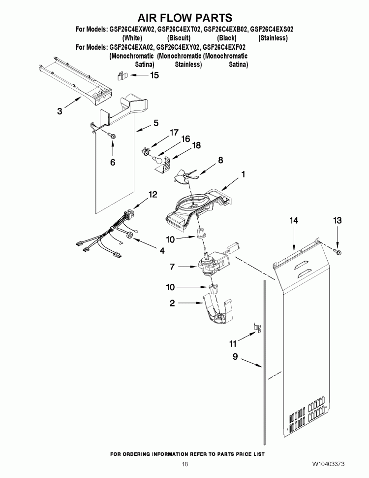 AIR FLOW PARTS Diagram and Parts List for GSF26C4EXB02  Whirlpool Refrigerator