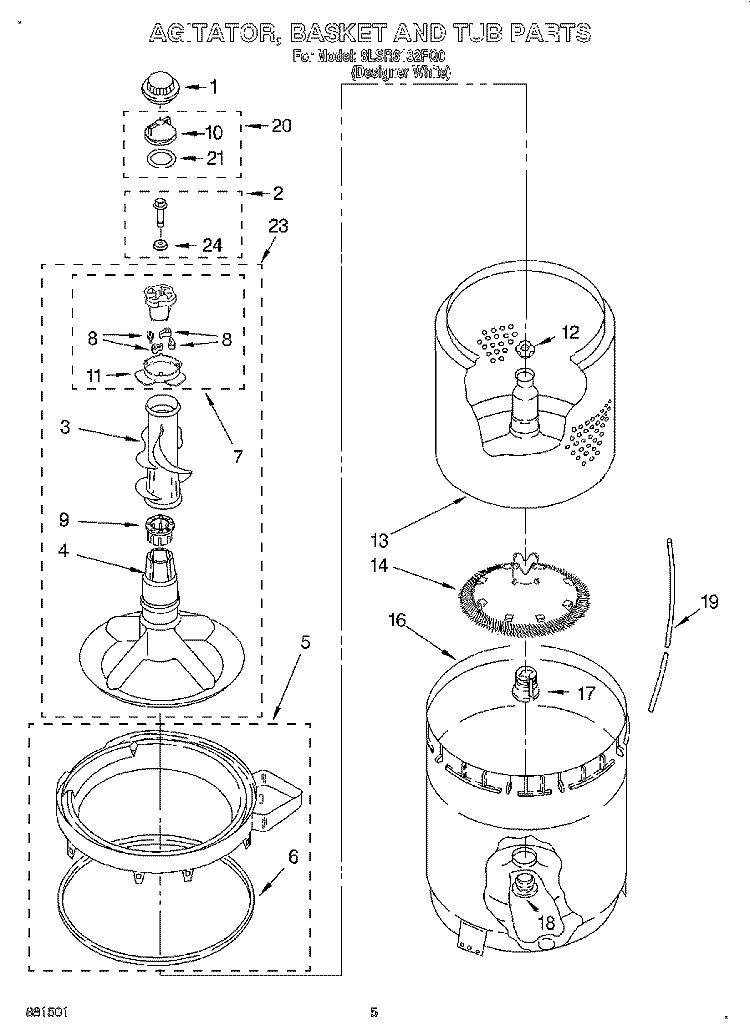 AGITATOR, BASKET AND TUB Diagram and Parts List for 8LSR6132FQ0  Whirlpool Washer