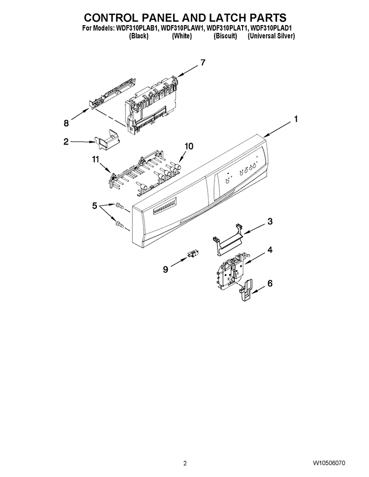 CONTROL PANEL AND LATCH PARTS Diagram and Parts List for WDF310PLAD1  Whirlpool Dishwasher