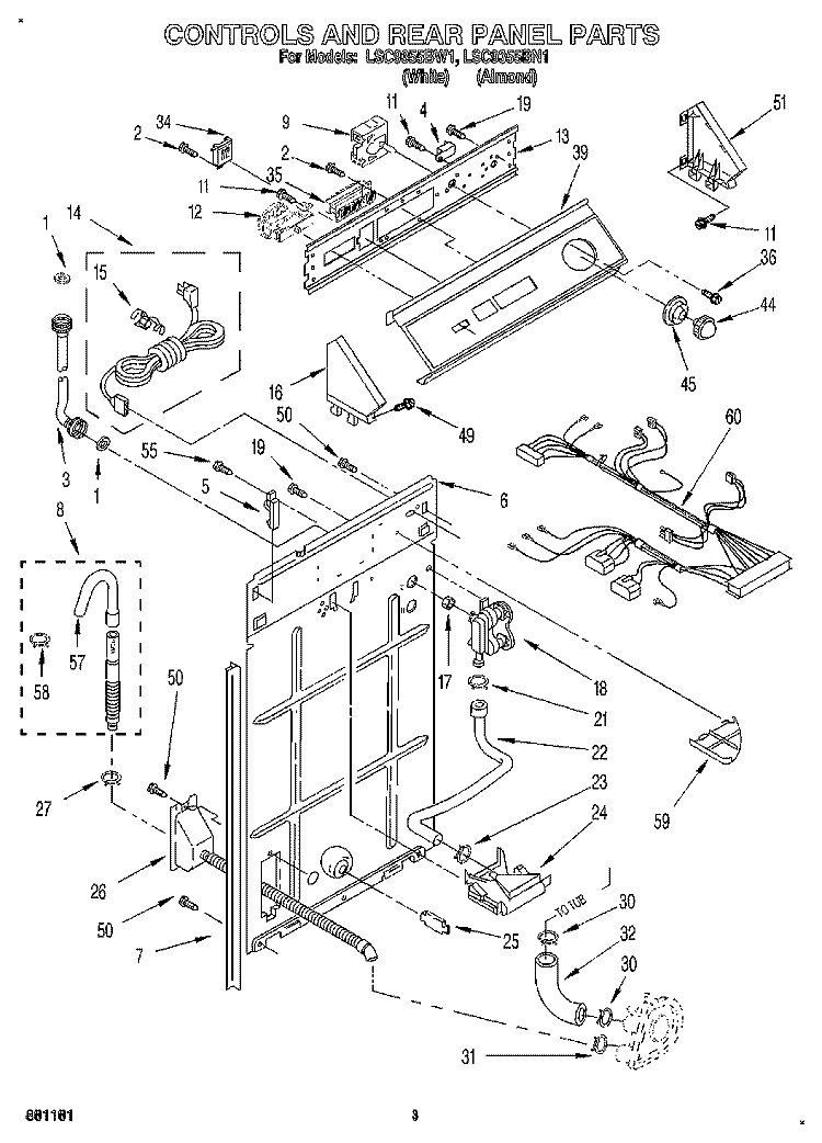 CONTROLS AND REAR PANEL Diagram and Parts List for LSC9355BN1  Whirlpool Washer