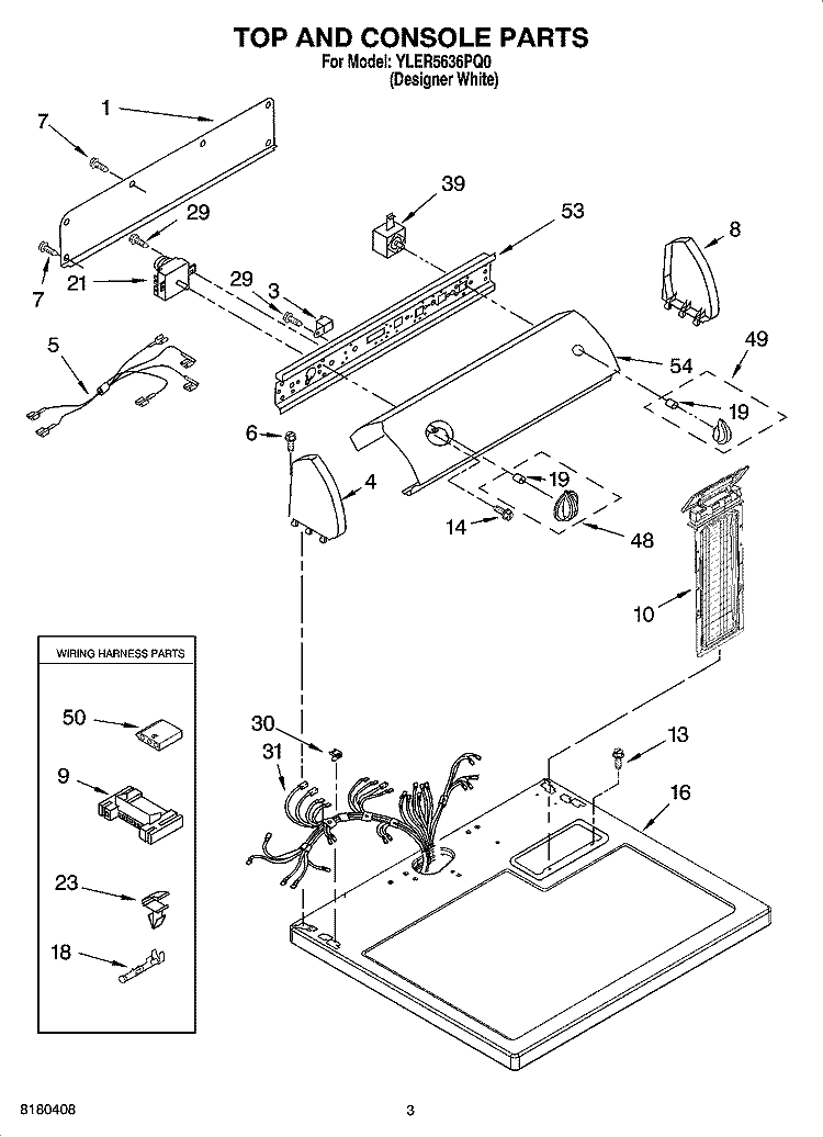 TOP AND CONSOLE PARTS Diagram and Parts List for YLER5636PQ0  Whirlpool Dryer