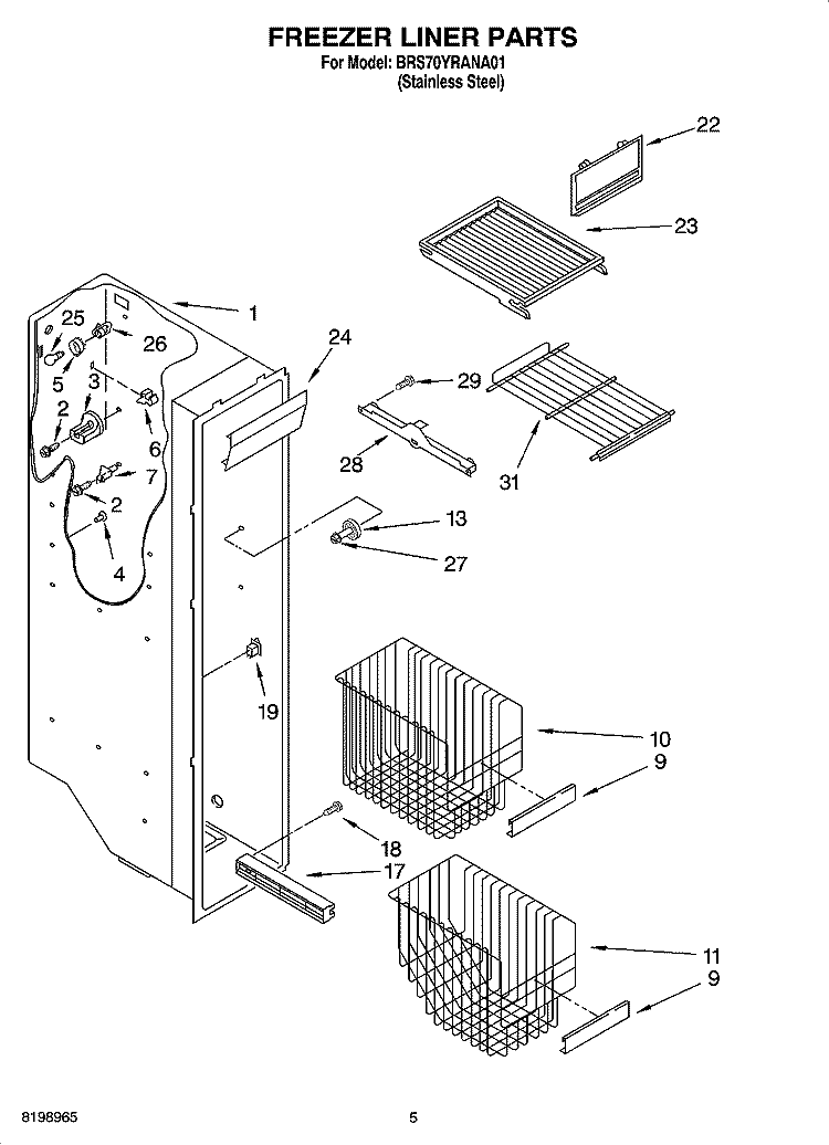 FREEZER LINER PARTS Diagram and Parts List for BRS70YRANA01  Whirlpool Refrigerator