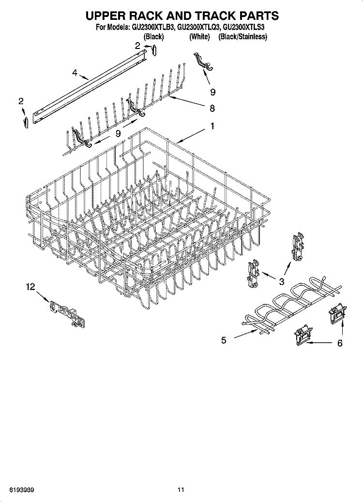 UPPER RACK AND TRACK PARTS Diagram and Parts List for GU2300XTLB3  Whirlpool Dishwasher