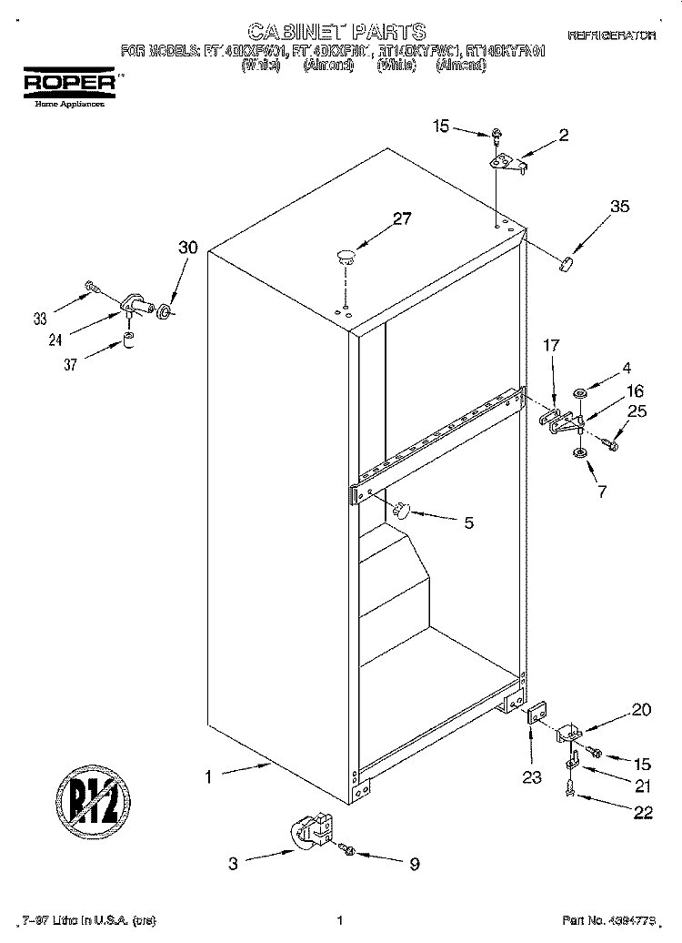 CABINET Diagram and Parts List for RT14DKXFW01  Roper Refrigerator