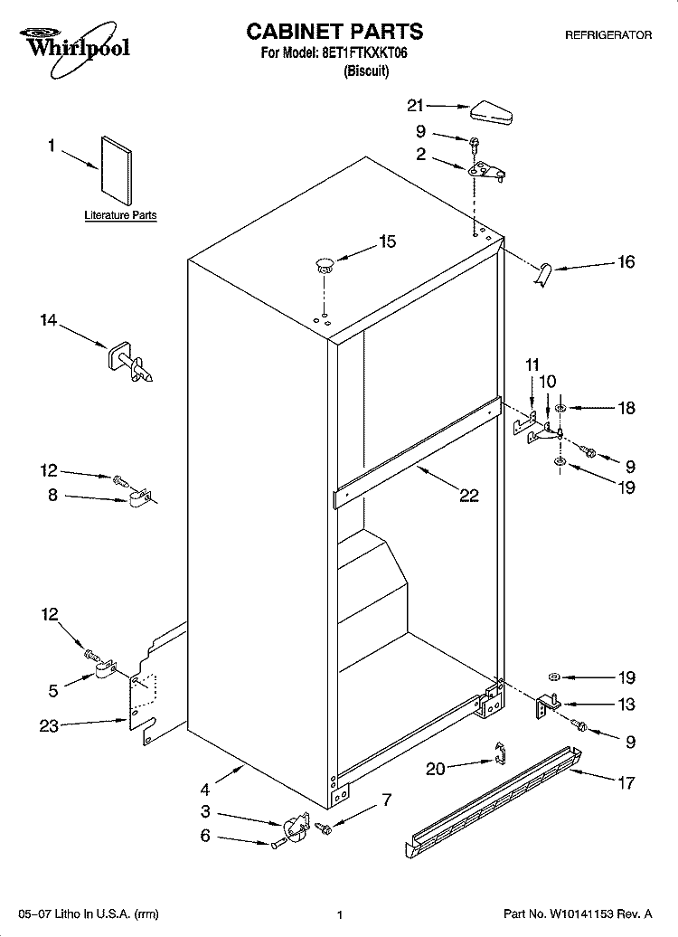 CABINET PARTS Diagram and Parts List for 8ET1FTKXKT06  Whirlpool Refrigerator