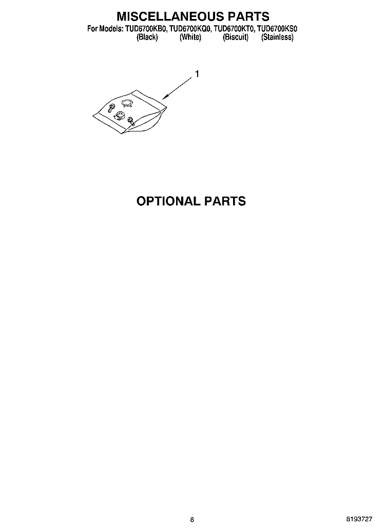 MISCELLANEOUS PARTS OPTIONAL PARTS Diagram and Parts List for TUD6700KB0  Estate Dishwasher