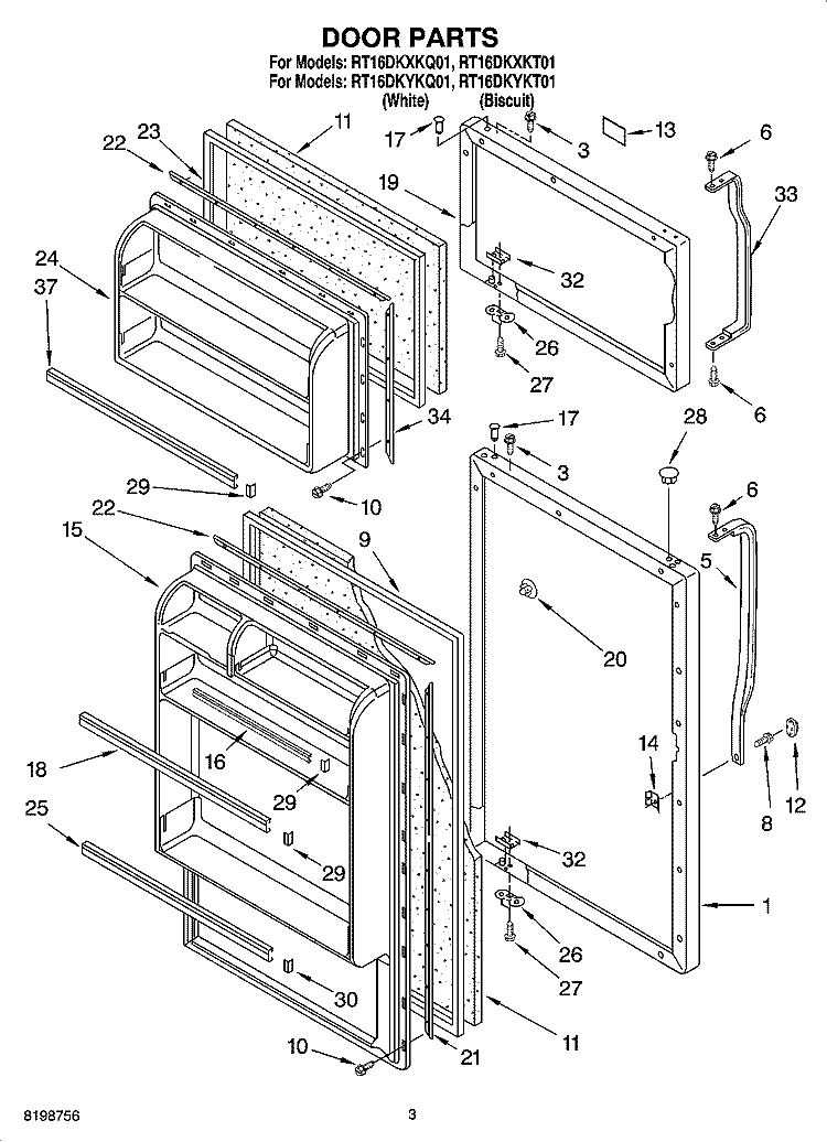 DOOR PARTS Diagram and Parts List for RT16DKYKT01  Roper Refrigerator