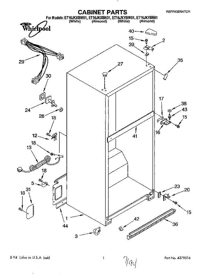 CABINET Diagram and Parts List for ET16JKYBW01  Whirlpool Refrigerator