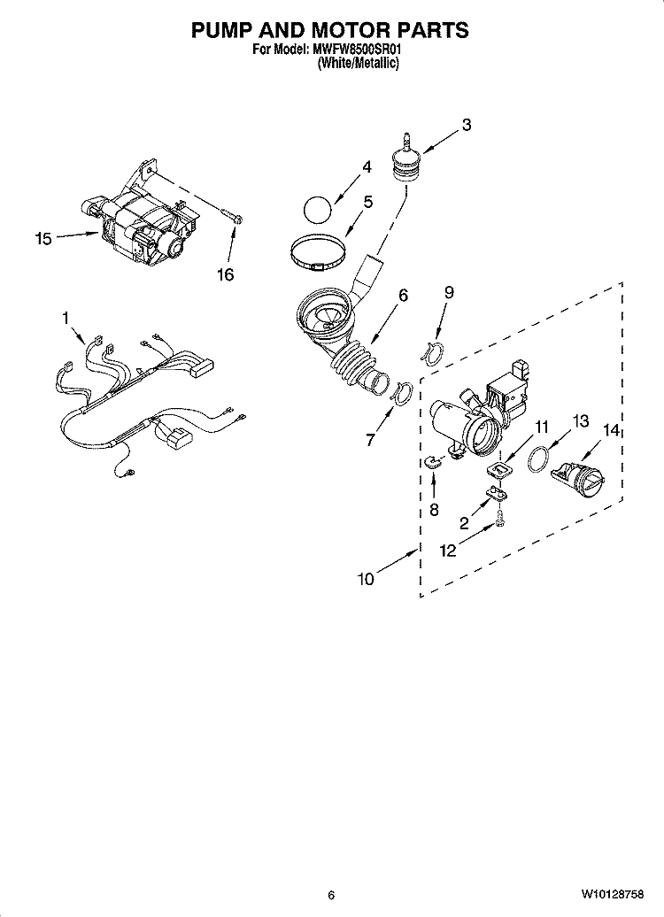 PUMP AND MOTOR PARTS Diagram and Parts List for MWFW8500SR01  Whirlpool Washer