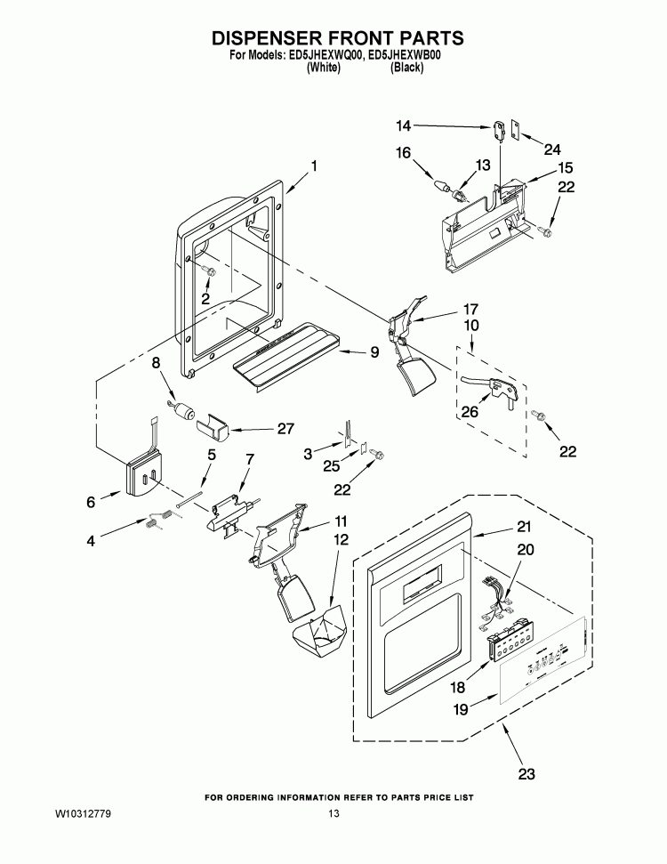 DISPENSER FRONT PARTS Diagram and Parts List for ED5JHEXWQ00  Whirlpool Refrigerator