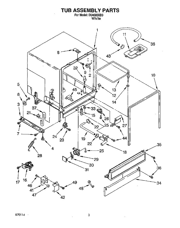 TUB ASSEMBLY, LITERATURE/OPTIONAL Diagram and Parts List for DU4000XB0  Whirlpool Dishwasher