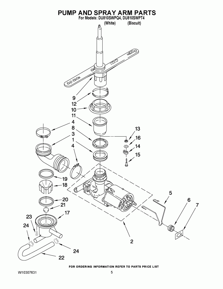 PUMP AND SPRAY ARM PARTS Diagram and Parts List for DU810SWPQ4  Whirlpool Dishwasher