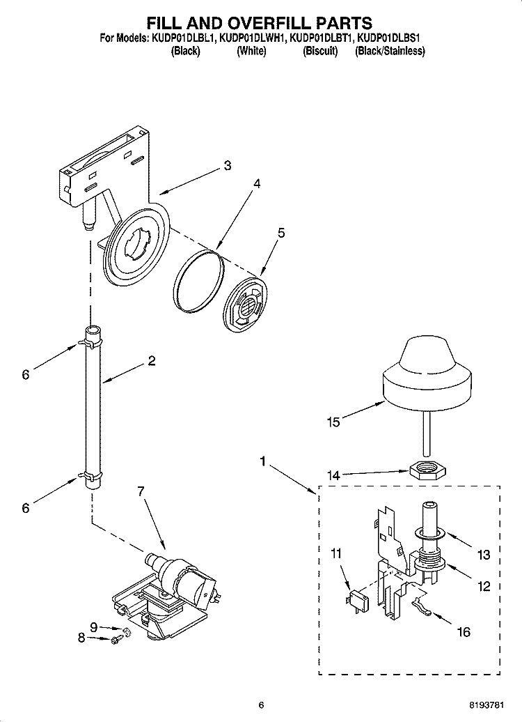 FILL AND OVERFILL PARTS Diagram and Parts List for KUDP01DLBS1  KitchenAid Dishwasher
