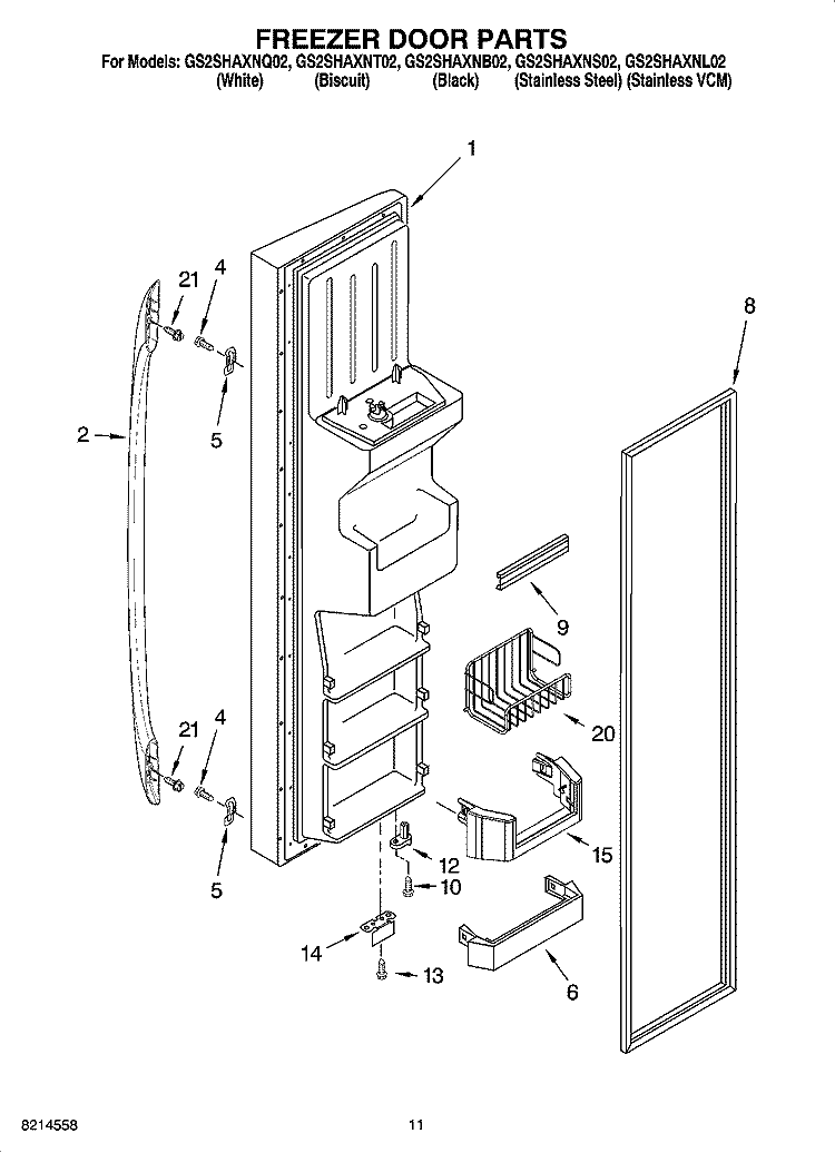 FREEZER DOOR PARTS Diagram and Parts List for GS2SHAXNB02  Whirlpool Refrigerator