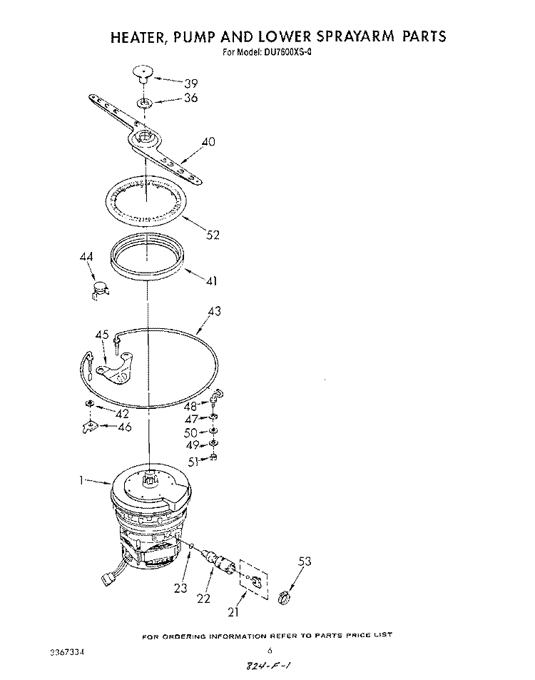 HEATER, PUMP AND LOWER SPRAY ARM Diagram and Parts List for DU7600XS0  Whirlpool Dishwasher