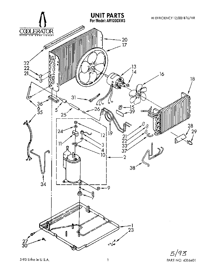 UNIT, LITERATURE Diagram and Parts List for AR1200XW3  Whirlpool Air Conditioner